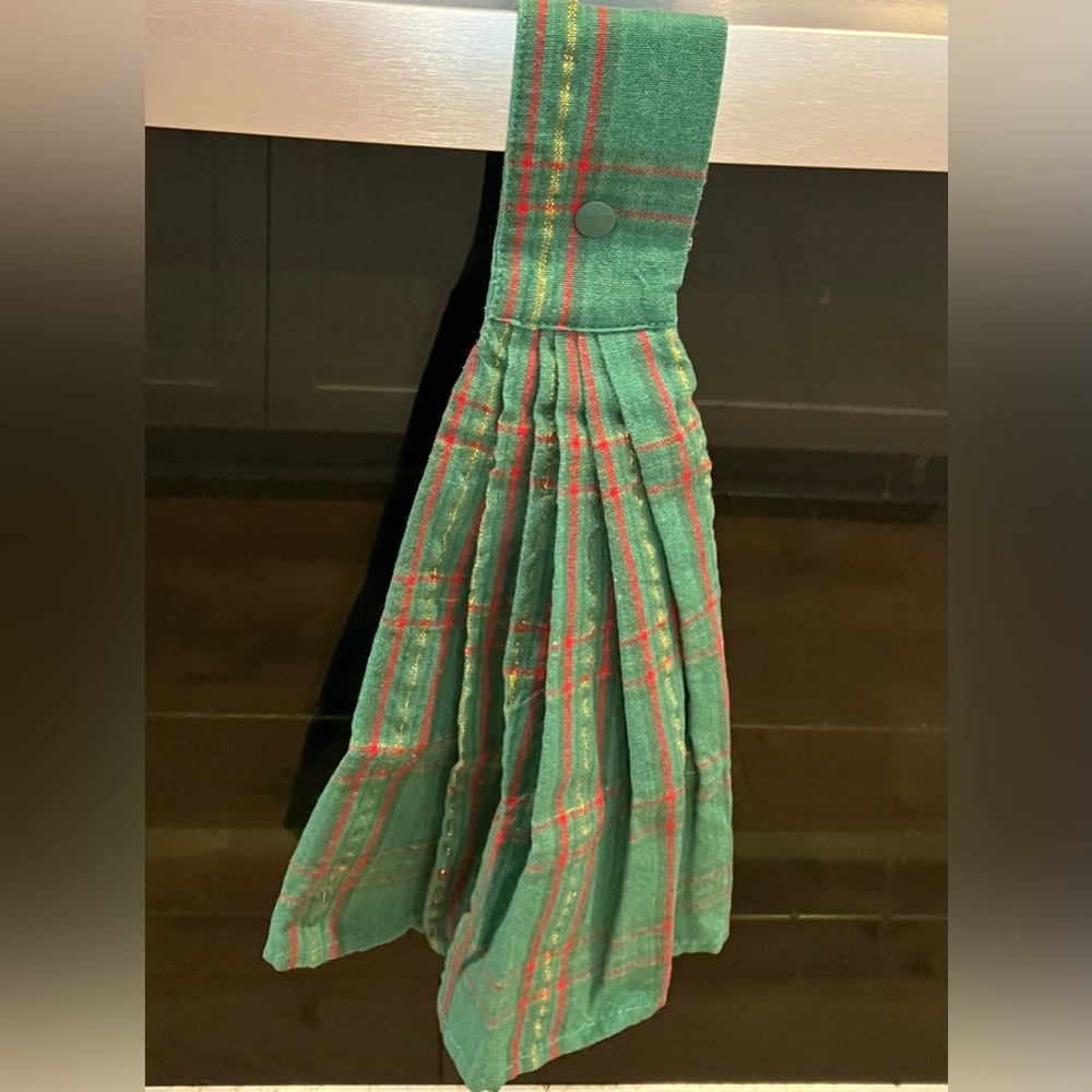 kitchen towel , green and red tartan pattern,button fastener
